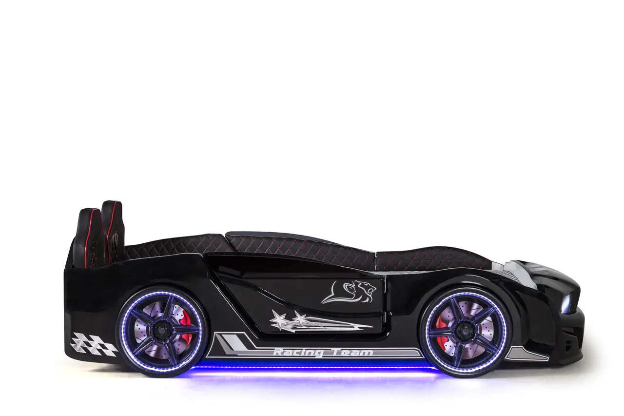 Дитяче ліжко машина Mustang Full Extra Black 190х90 см з підсвічуванням, музикою, шкіряний салон, пультом